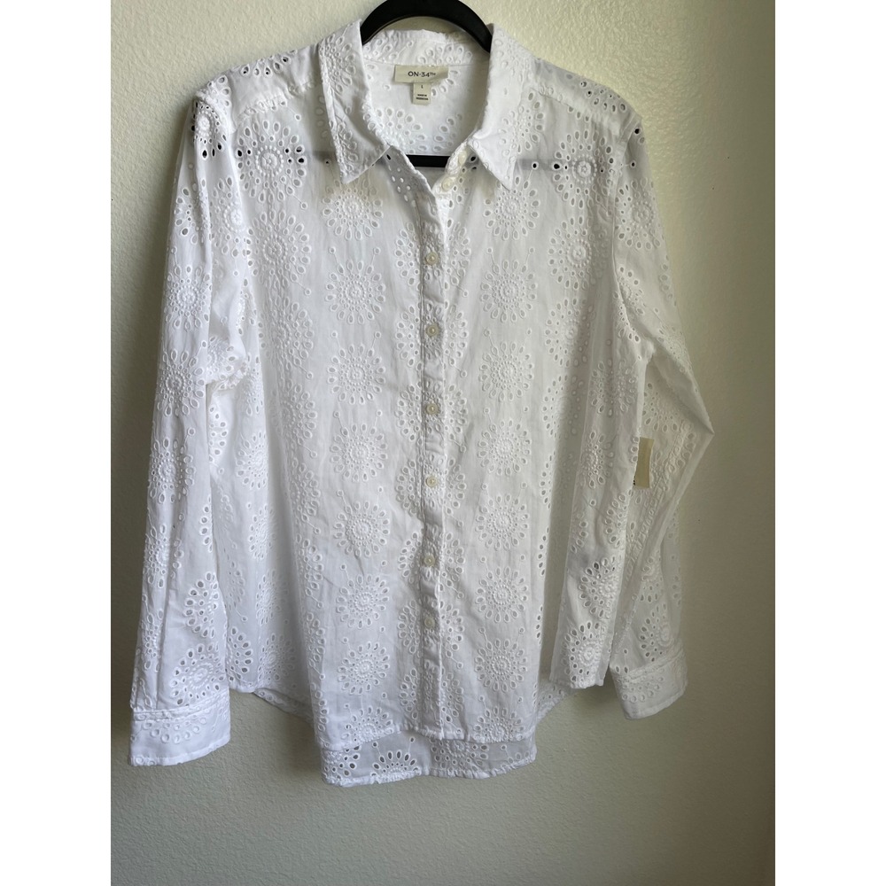 On-34th Womens White Eyelet Cotton Button Down Shirt Long Sleeve Size L